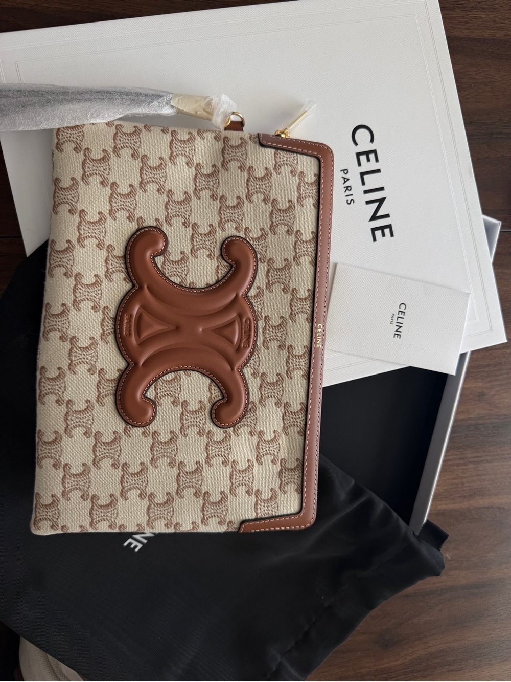 Celine Brown Trim Triomphe Canvas Zip Pouch